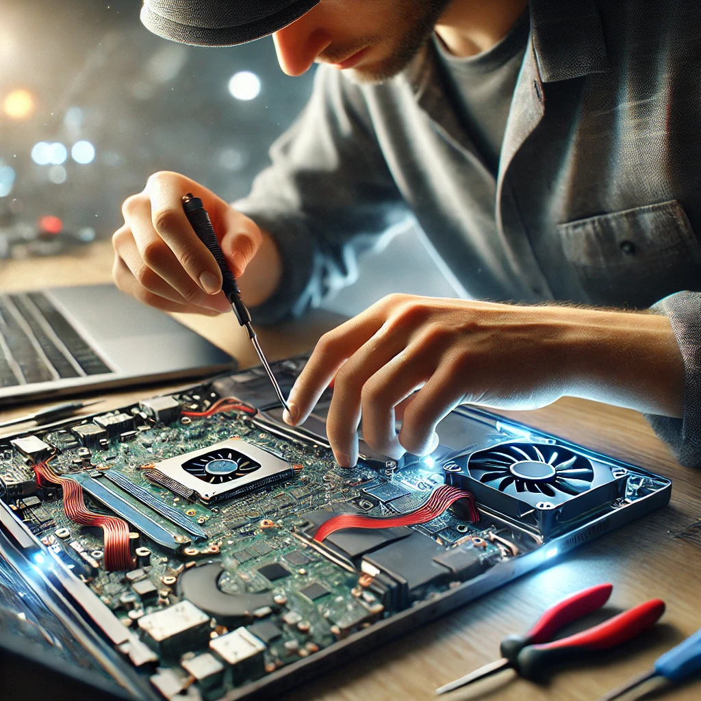 DALL·E 2025-03-13 08.55.08 - A professional and realistic image of a technician repairing a laptop. The technician is carefully using tools such as a screwdriver and tweezers to f