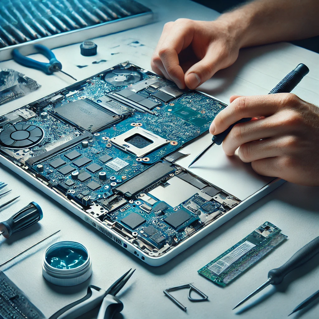 DALL·E 2025-03-13 08.55.11 - A high-quality image of a technician repairing a laptop. The scene should include a workspace with tools like a screwdriver, thermal paste, and circui