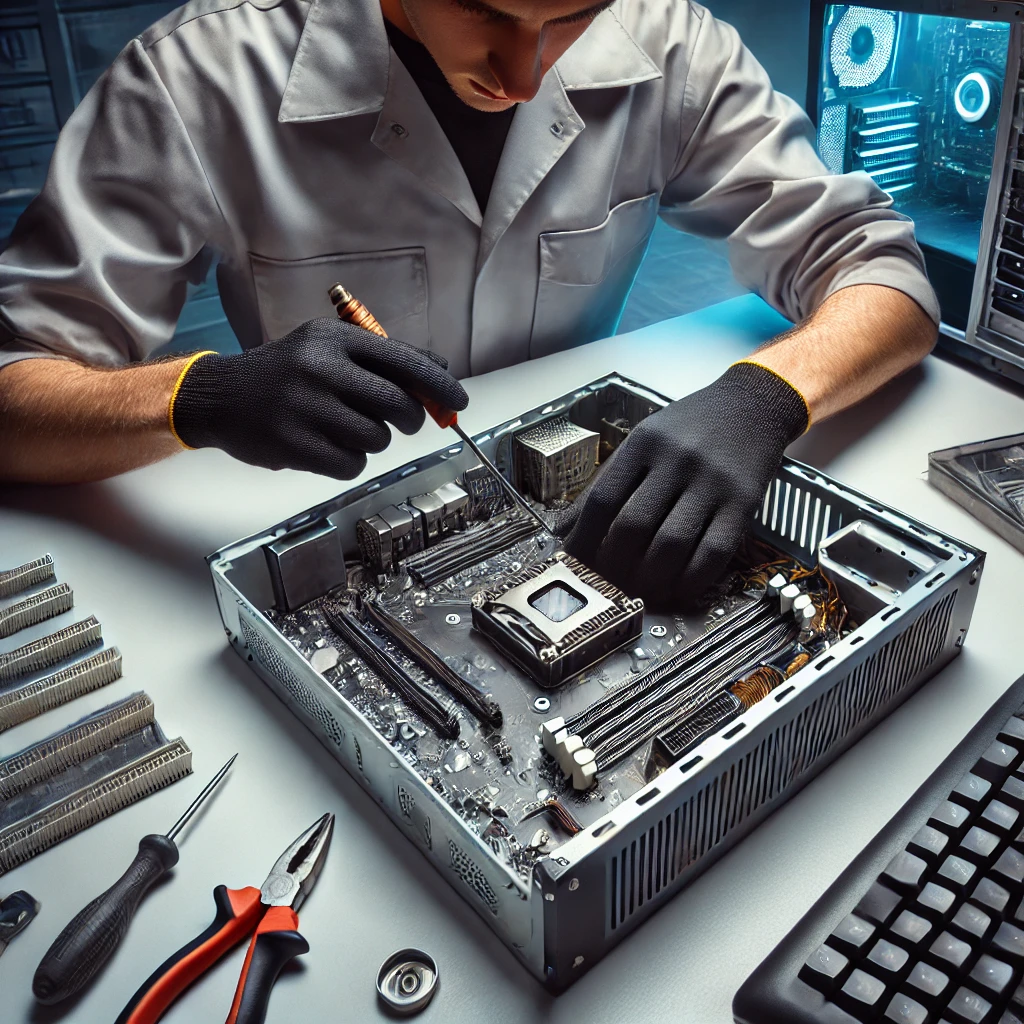 DALL·E 2025-03-13 14.38.51 - A professional and realistic image of a technician repairing a desktop computer. The technician is carefully replacing a damaged component inside the