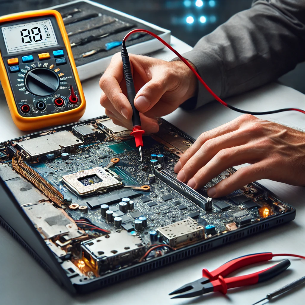 DALL·E 2025-03-13 14.39.03 - A professional and realistic image of a technician diagnosing a laptop issue using a multimeter. The laptop is open, exposing the motherboard and inte
